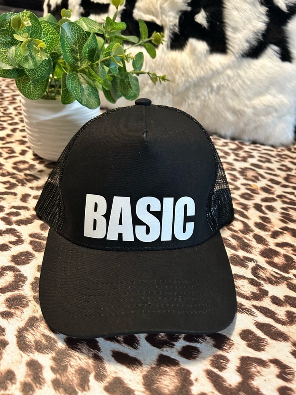 Black Trucker Hat with "BASIC" White Print